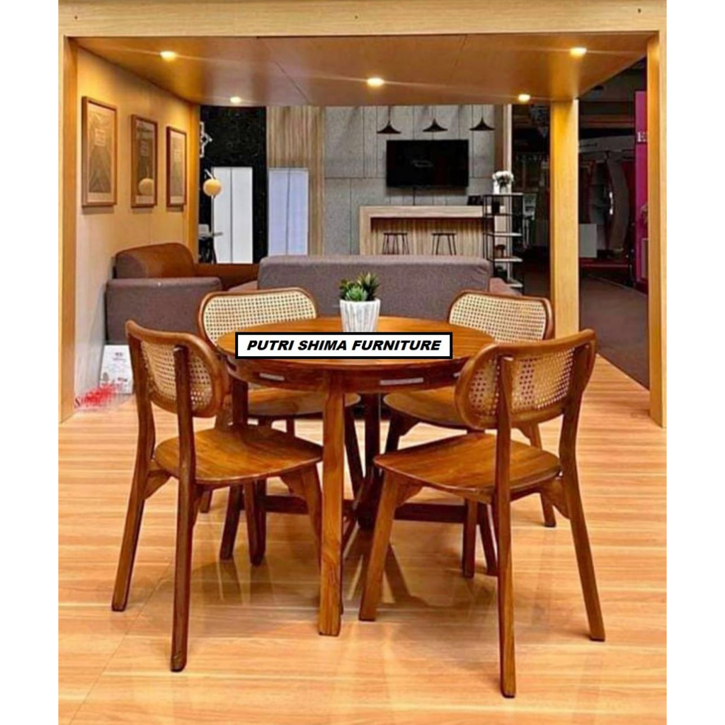 Promo Set Kursi Makan Rotan Retro Kayu Jati Jepara - Kursi Cafe Resto Terbaru - Meja Makan Minimalis
