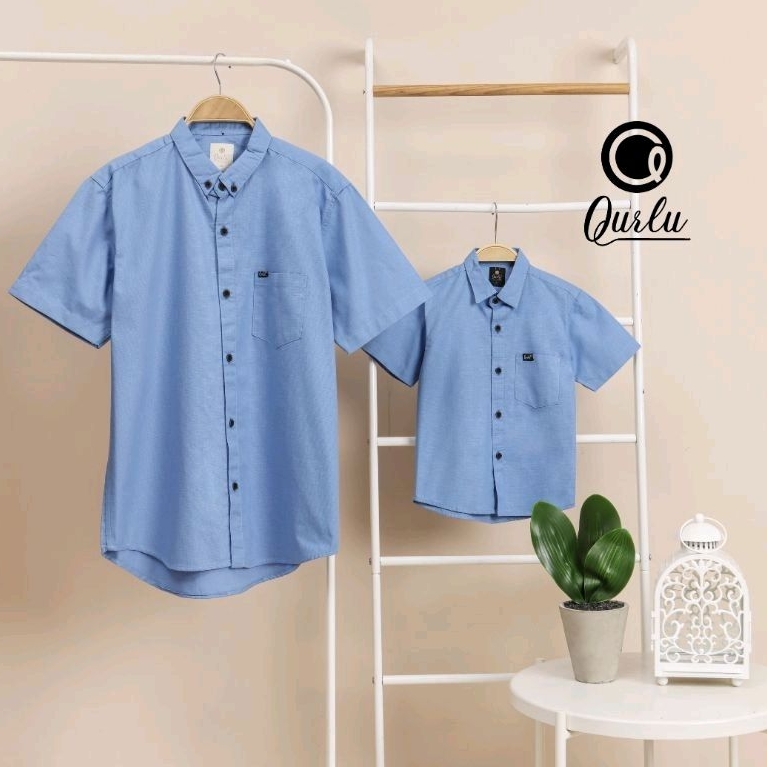 Qurlu - Kemeja KERAH FORMAL Dewasa/Anak warna BIRU (bisa couple ayah anak)