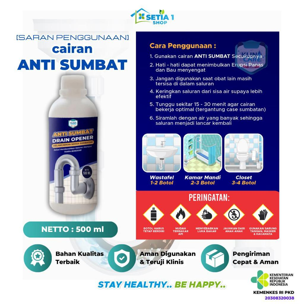 anti sumbat saluran pipa air toilet WC wastafel cucian piring mampet Klino Care 500ml extra isi izin Kemenkes