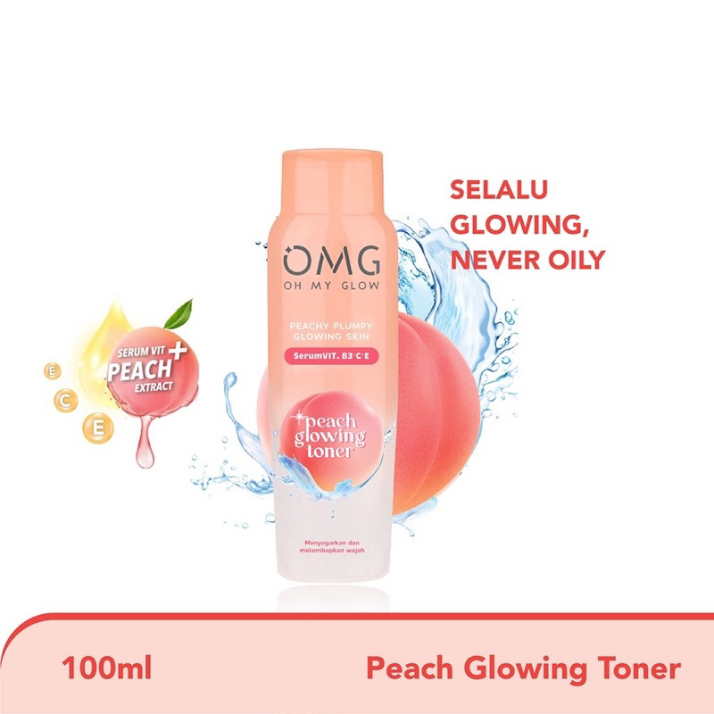 OMG Oh My Glow Peach Glowing Toner Indonesia / Essence Mist Pelembab Wajah 100ml / Skincare Face Care / Facial Wash Cleanser Serum Day Night Eye Cream Moisturizer Sunscreen Mask / Body Lotion / Make Up Glam Foundation Lip Cream / Brightening Acne Paket