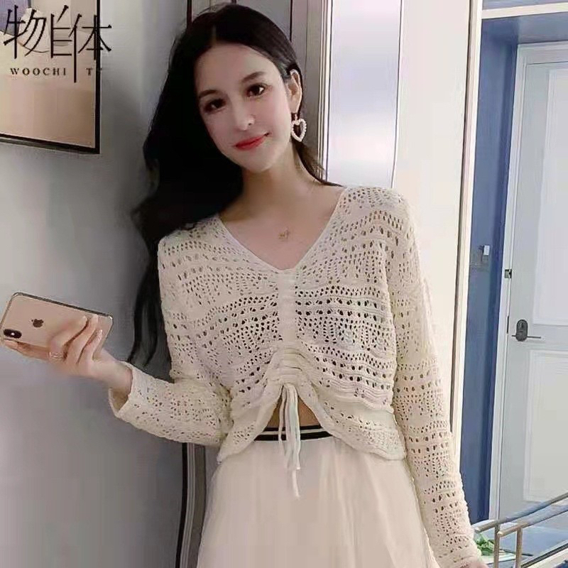 Long Sleeve Crop Top Atasan Lengan Panjang 2151  / Baju Wanita Blouse Korea jala Tali Serut