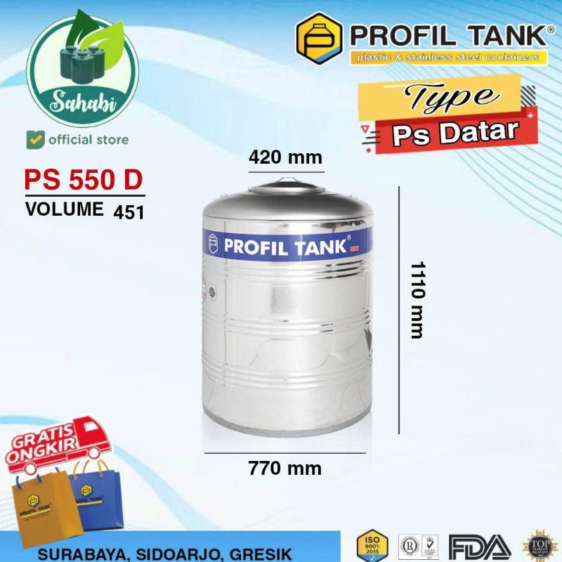 Toren Air Tangki Air Tandon Air Profil Tank Stainless PS 550 Liter 451 Liter Datar Tanpa Kaki