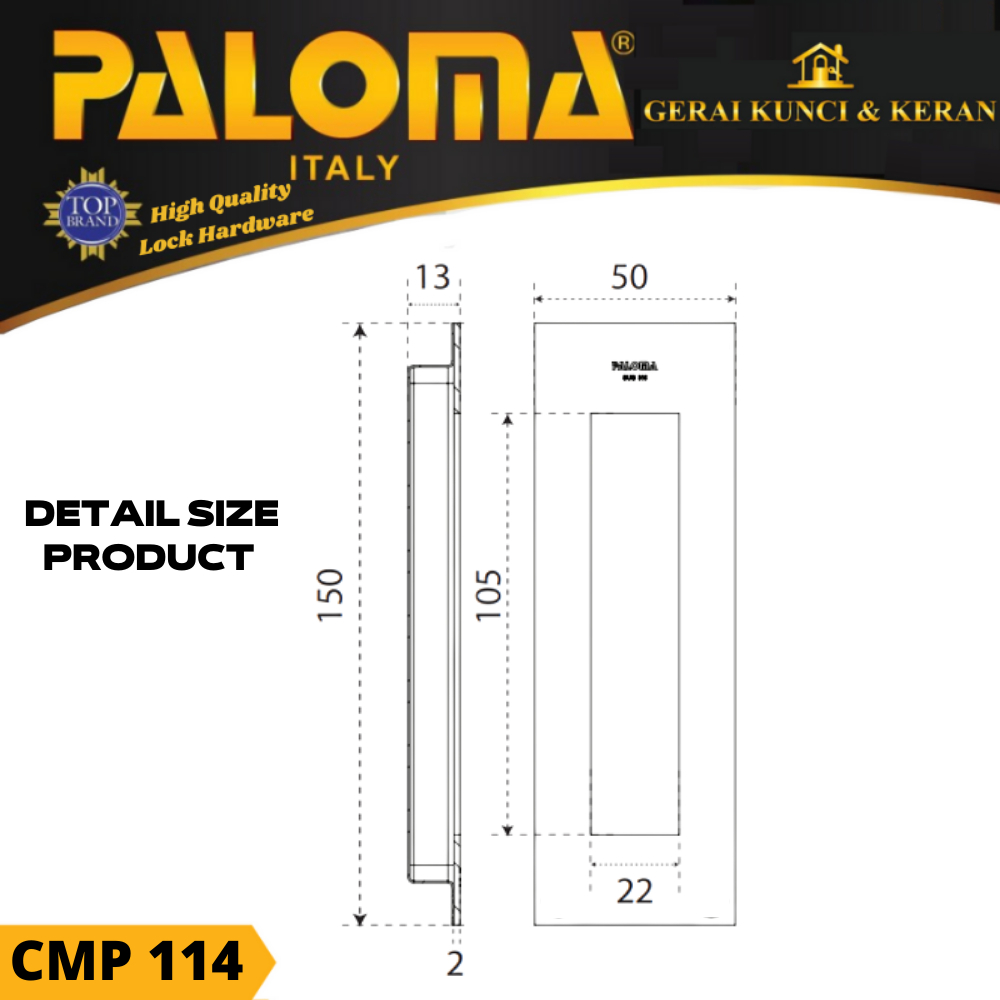 Handle Pintu Sliding PALOMA CMP 114 SQ 15cm Comen Flush Tanam Geser