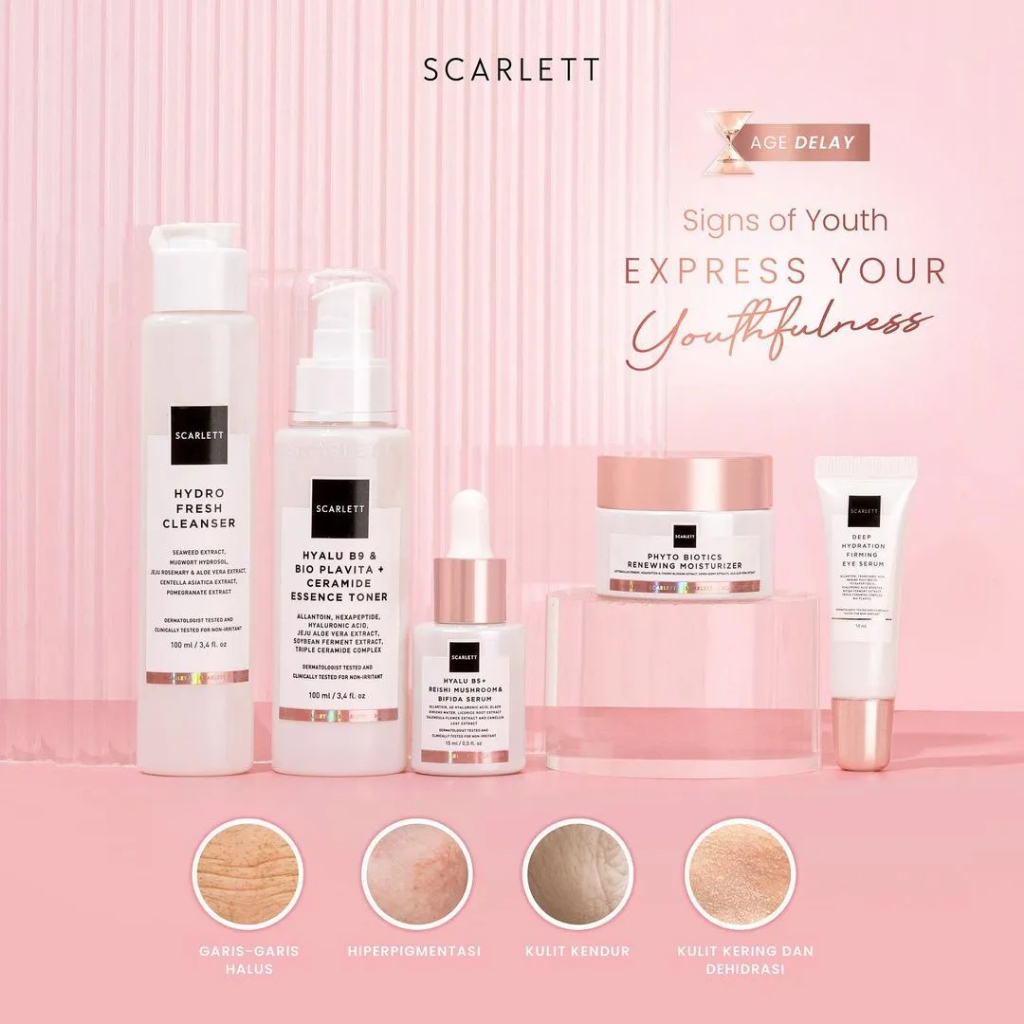 SCARLETT WHITENING Age Delay Series Anti Aging | Hydro Fresh Cleanser | Serum | Ceramide Essence Toner | Renewing Moisturizer | Eye Serum Scarlet