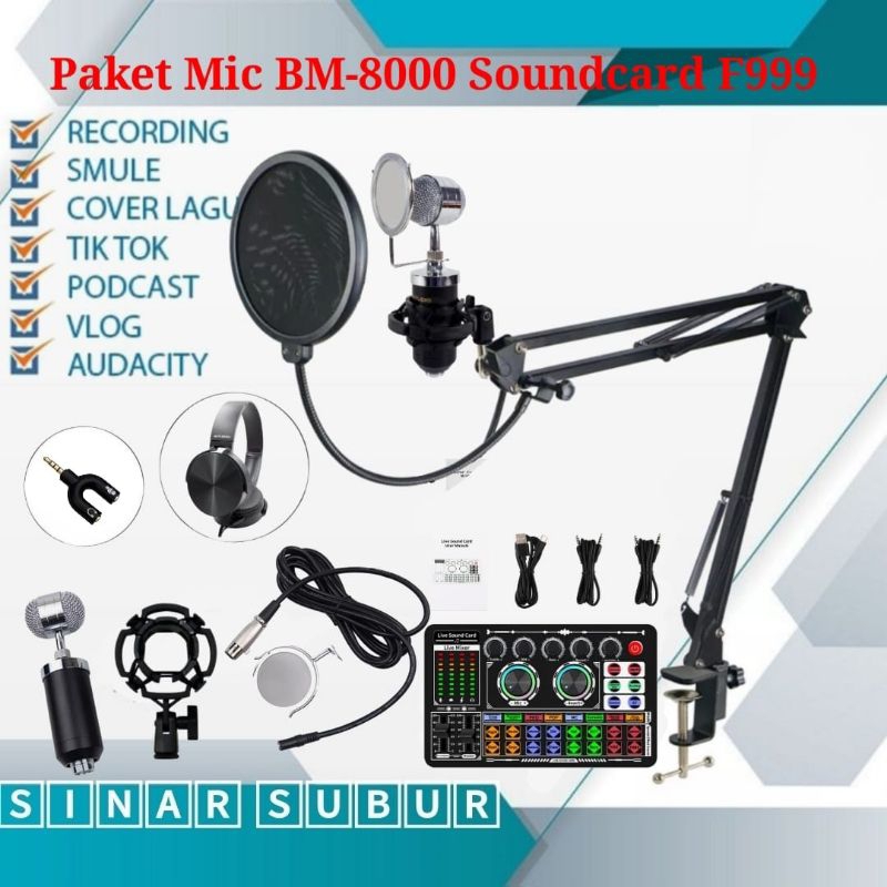 Paket Premium Mic BM8000 Soundcard F999 Stand Arm Pop Filter Live Streaming