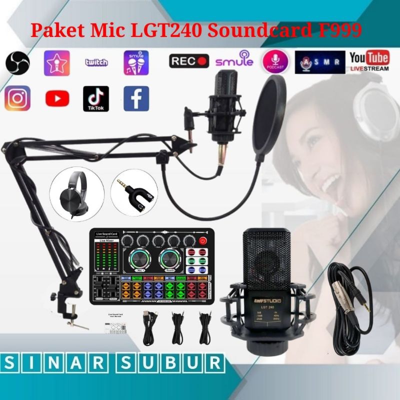 Paket Premium Mic LGT240 Soundcard F999 Stand Arm Pop Filter Live Streaming