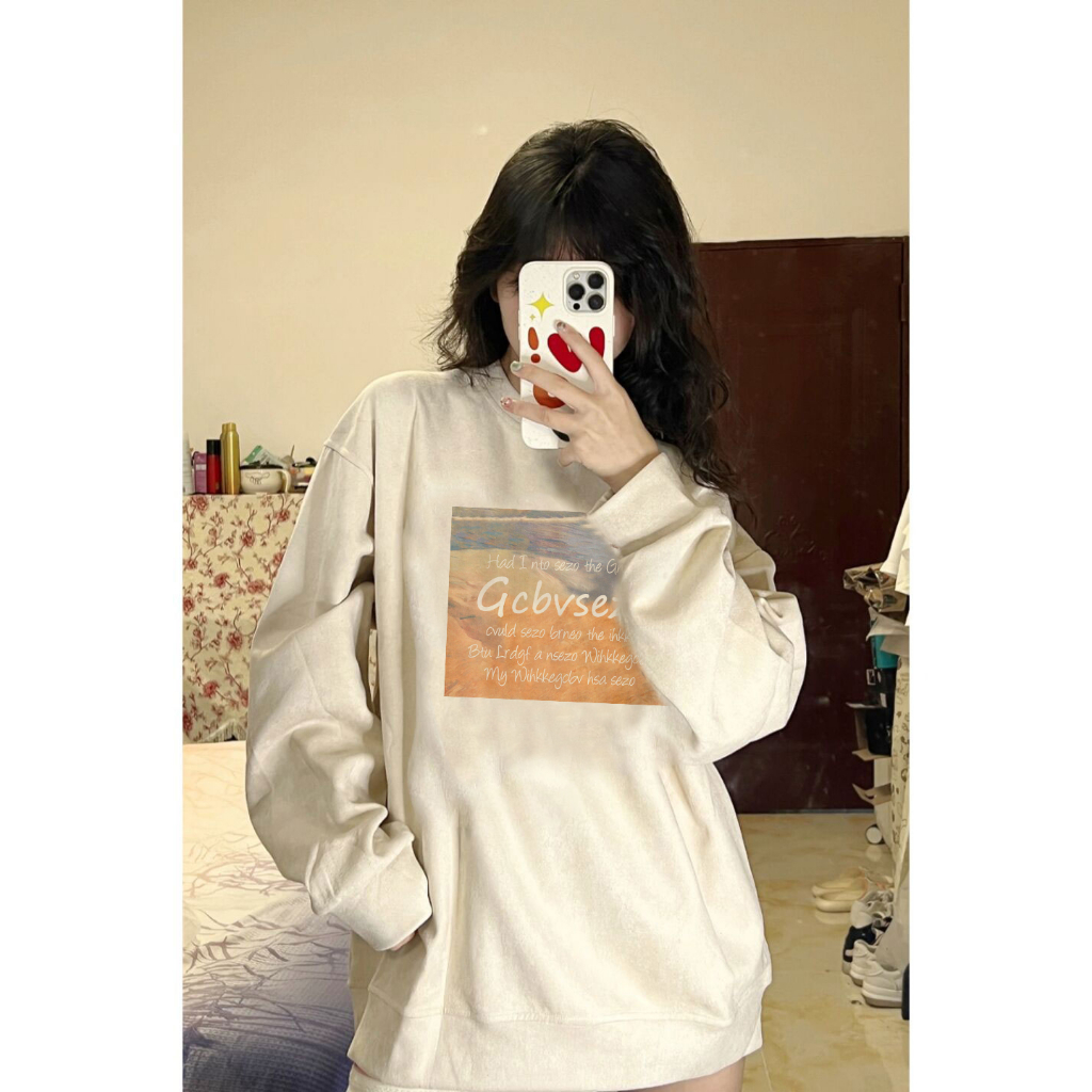 EUNII Sweater Lengan Panjang Vintage Sunset Printing Korean Style/Sweater Crop/Baju Wanita/Switer Wanita/Switer