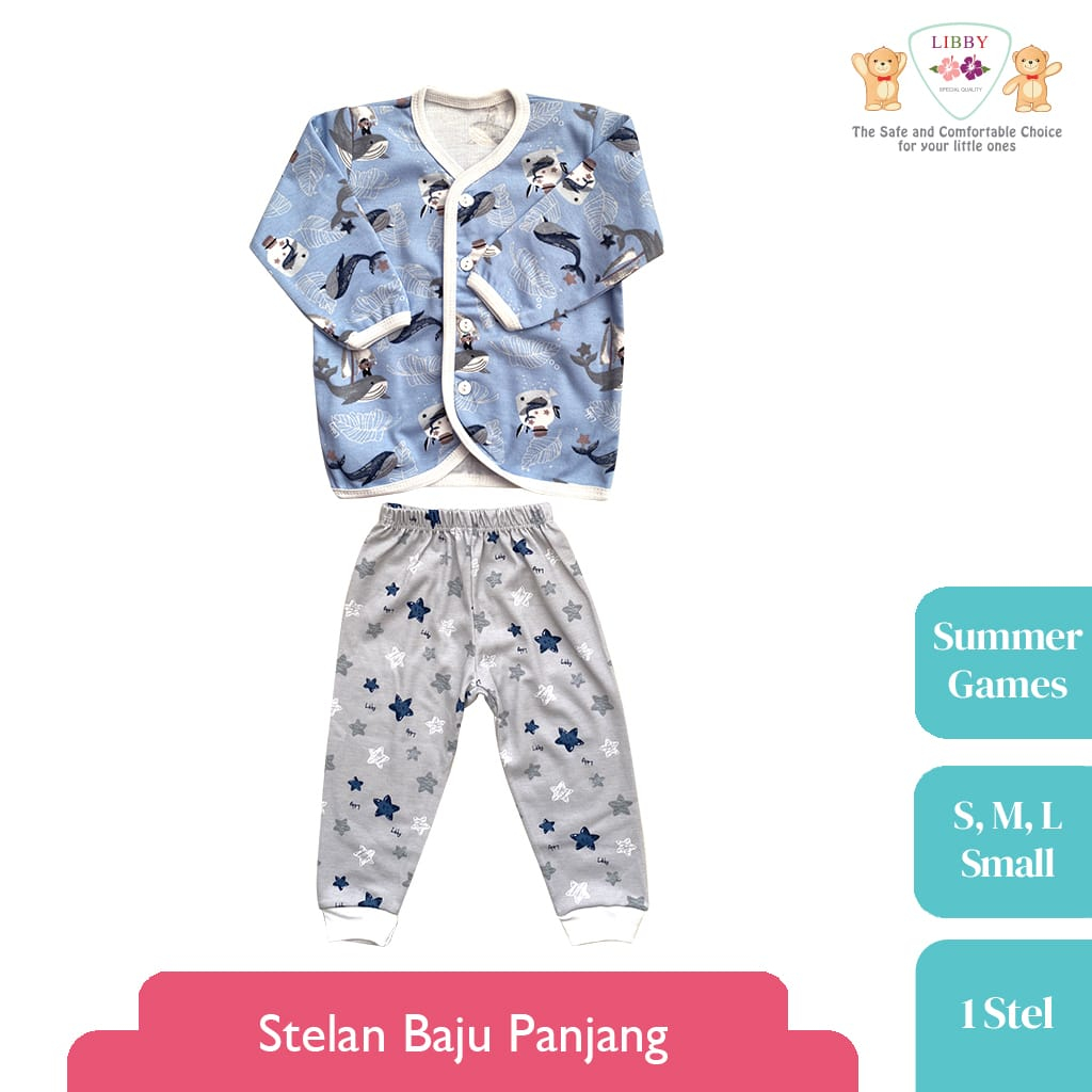 LIBBY Stelan Baju Panjang Kancing Depan Motif Summer Games (1 stel)