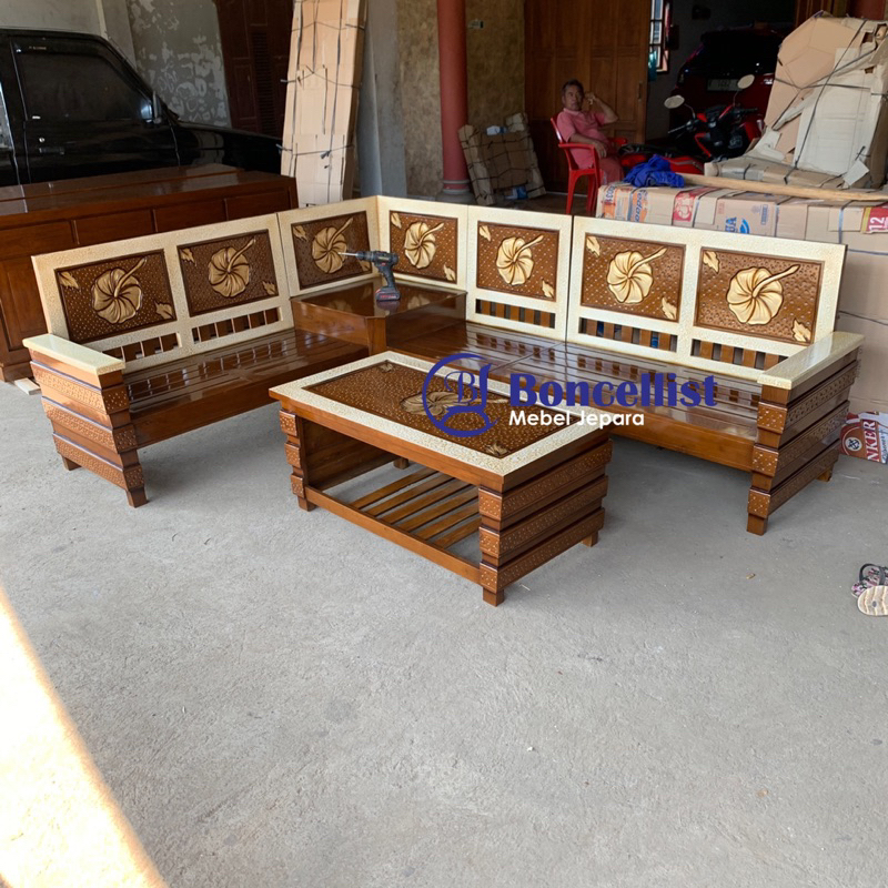 kursi tamu sudut marmer kayu jati mebel Jepara