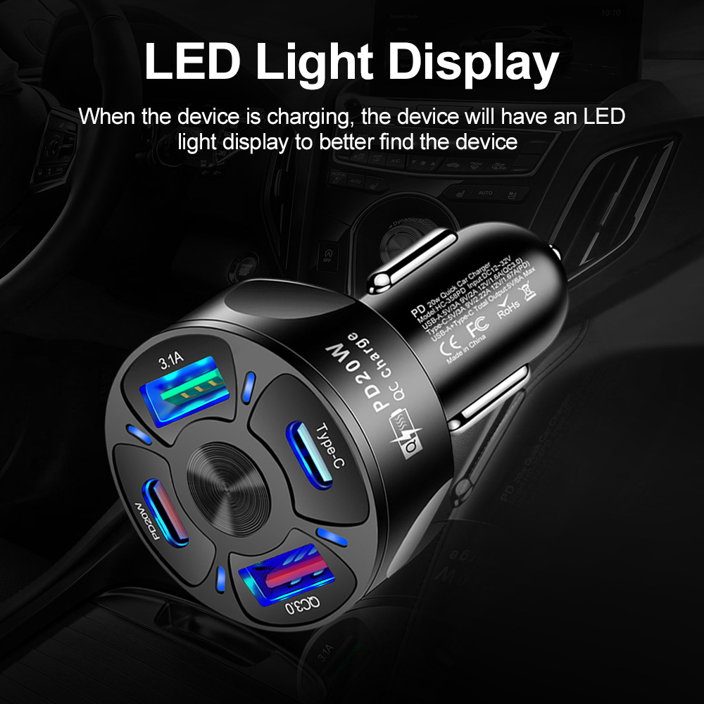 Car Charger Mobil USB Type-C Quick Charging 4 Port 20W - KF20 - Black