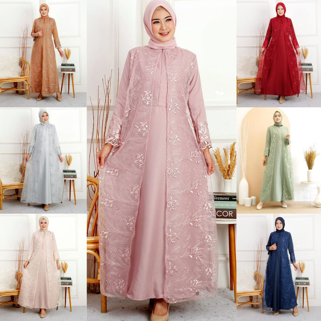 Gamis Hena S M L XL XXL Busui Tile Bordir Mutiara Maxi Dress Lebaran Brukat Tulle Longdress Pesta Baju Muslim