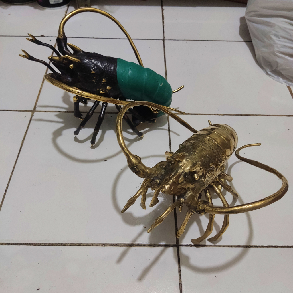 Patung Udang Lobster Besar Hiasan Logam Kuningan Shrimp Brass Art Statue Pajangan Dekorasi Unik