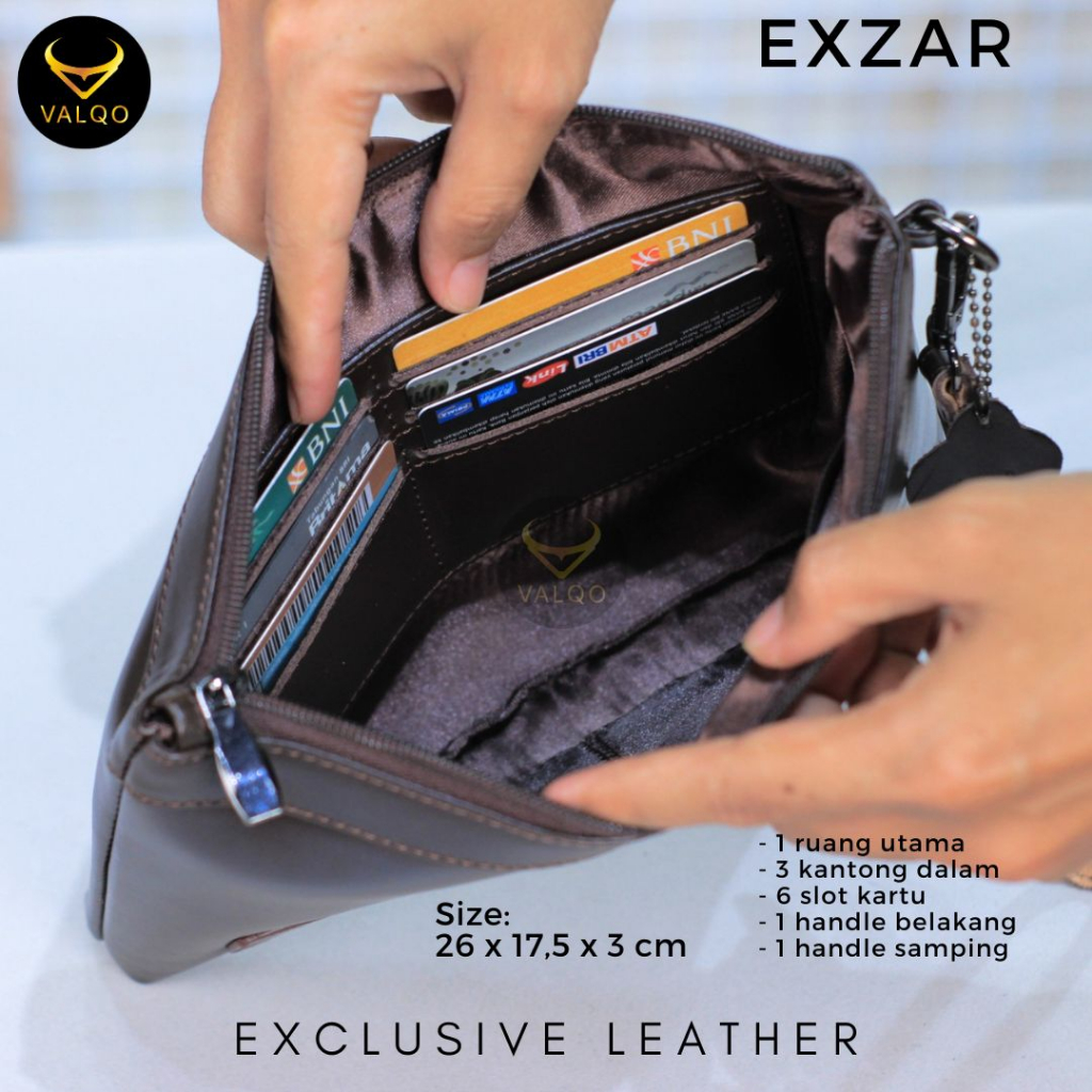 [VALQO] EXZAR Clutch kulit Sapi Pouch Kulit Handbag Wanita Pria 6 Slot Kartu Tas Tangan