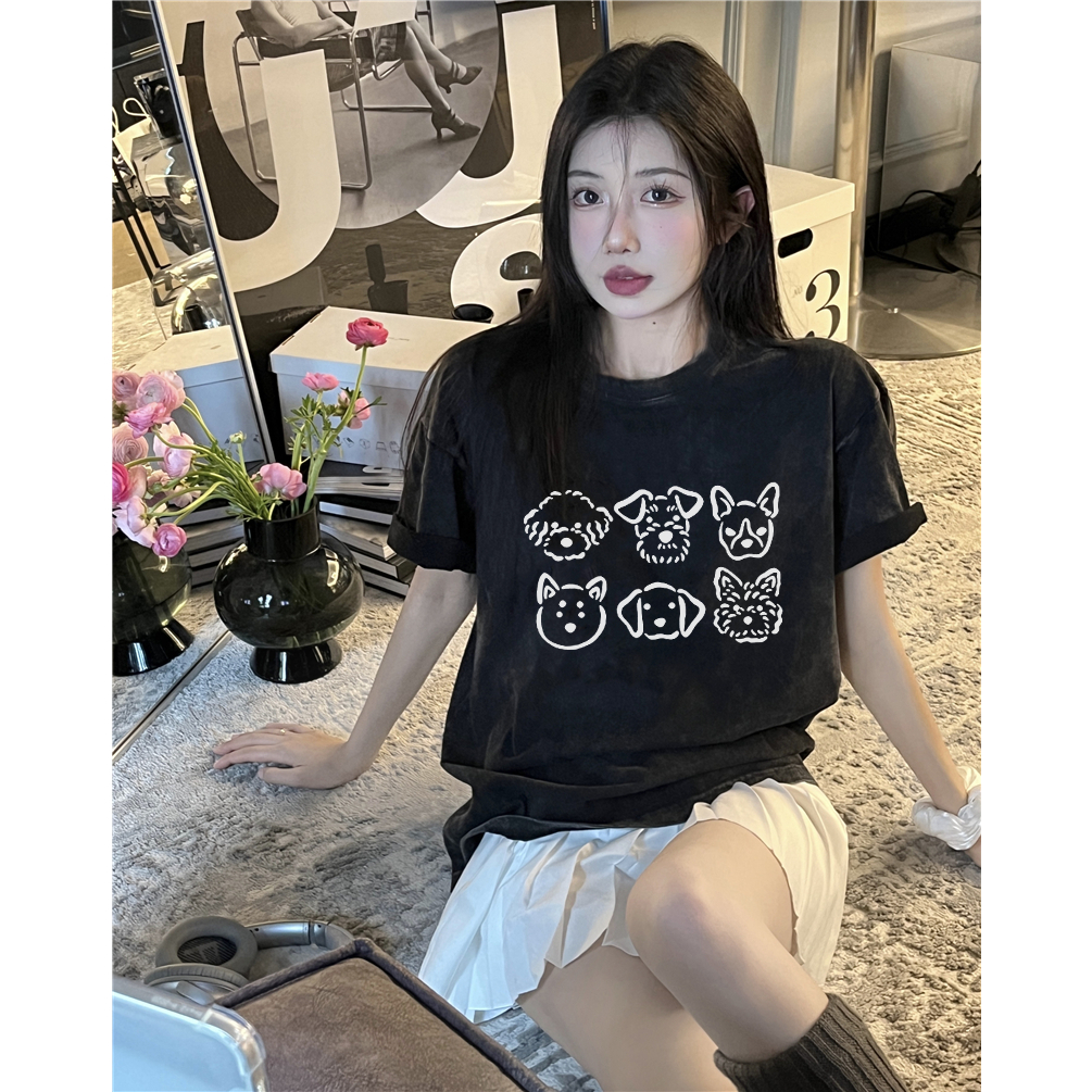 XIAOZHAINV Korean Style Six Puppies Pattern Washed Printing Kaos Wanita A0189/Atasan Wanita Terbaru