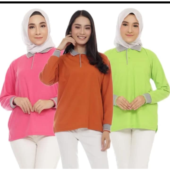Kaos Kerah Panjang Wanita FO LIST - Kaos Kerah Polos LIST Lengan Panjang - Kaos Kerah Perempuan - Ka