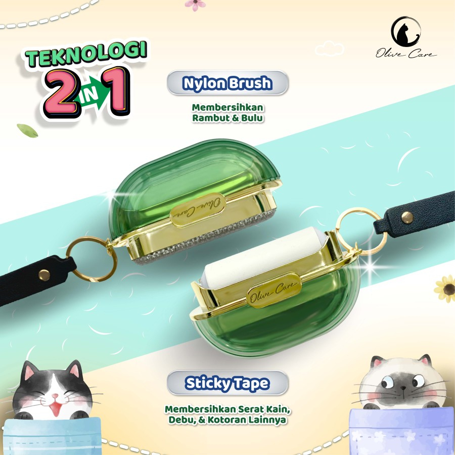 OLIVE CARE POCKET ROLLER Portable 2in1 Travel Mini Size - Pembersih Bulu Kucing/Anjing  Dua Sisi Stiker Roll &amp; Sikat