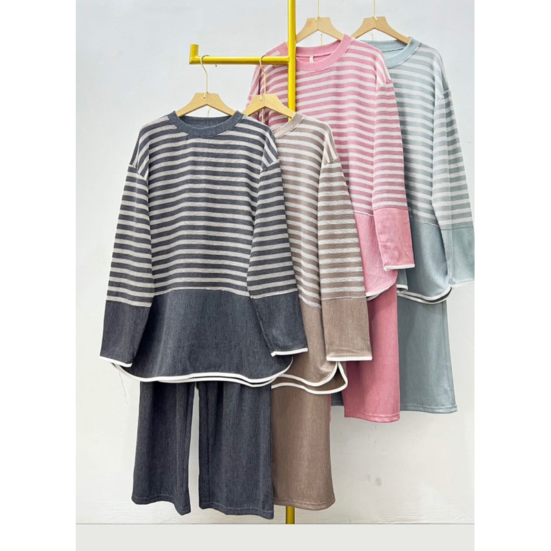 setcel kombinasi salur kaos knit premium setcel wanita setelan celana wanita jumbo oversize