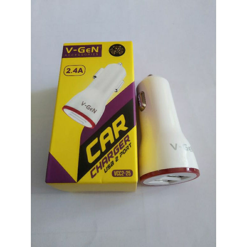Car charger V-Gen USB dual port 2.4a fast charging, Charger mobil merk V-Gen 2.4a fast charging 2 US