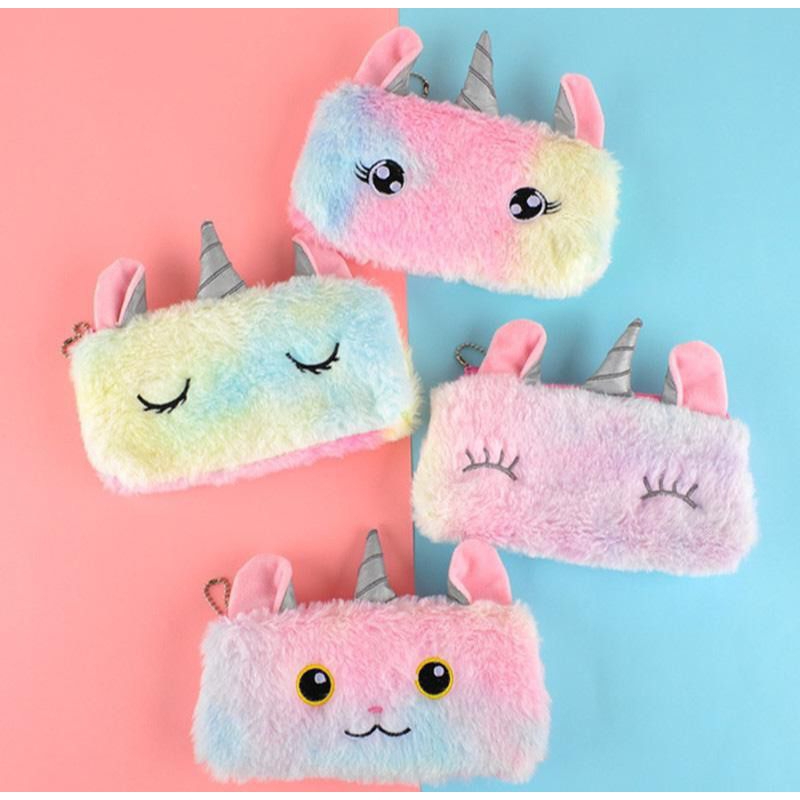 Tempat Pensil Kain Bulu Unicorn Dan Kucing / Kotak Pensil Bulu Cat Unicorn Fancy
