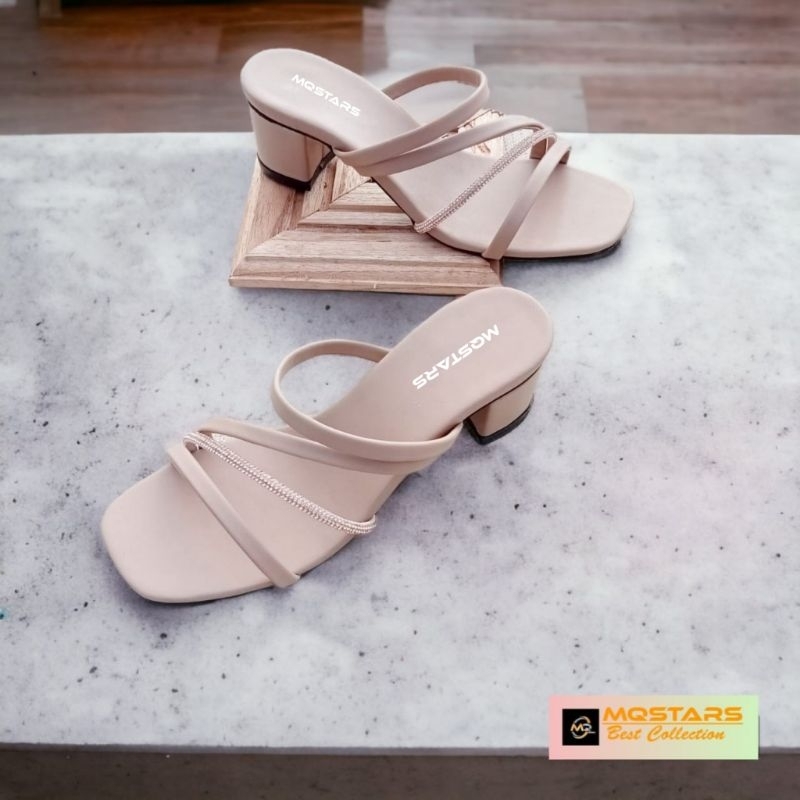 mqstars Sandal Heels Wanita Tali Slide Hak Tahu Chunky 5cm Terbaru