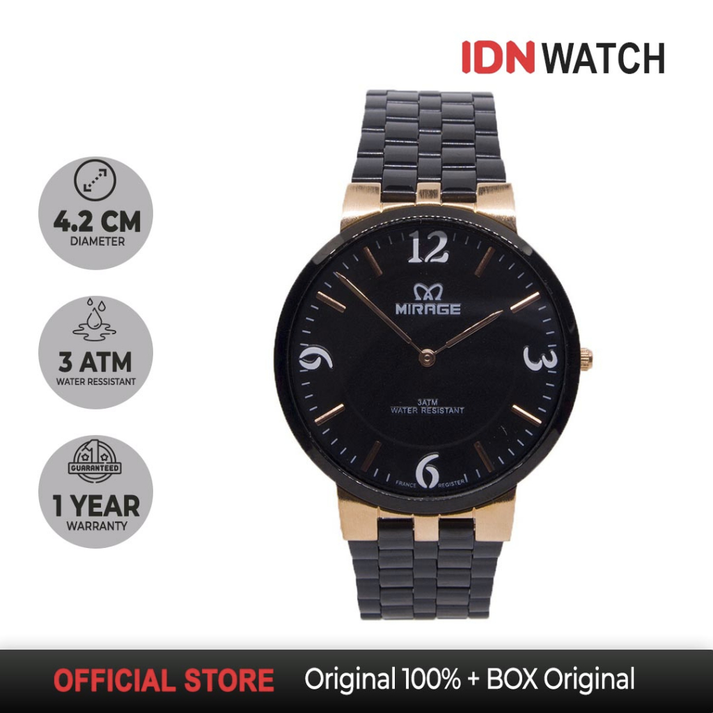 Jam Tangan Mirage Pria Elegant Tipis Mirage Original 8532 M Hitam Black Rosegold Garansi