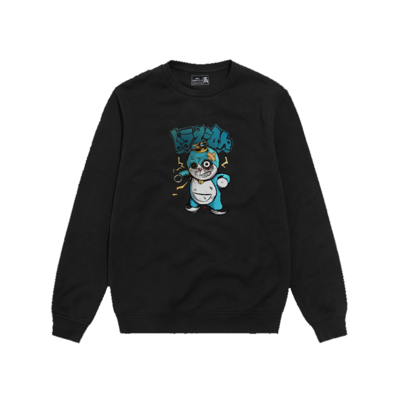 BARU  CREWNECK HITAM DISTRO PRIA WANITA MOTIF DORAEMON