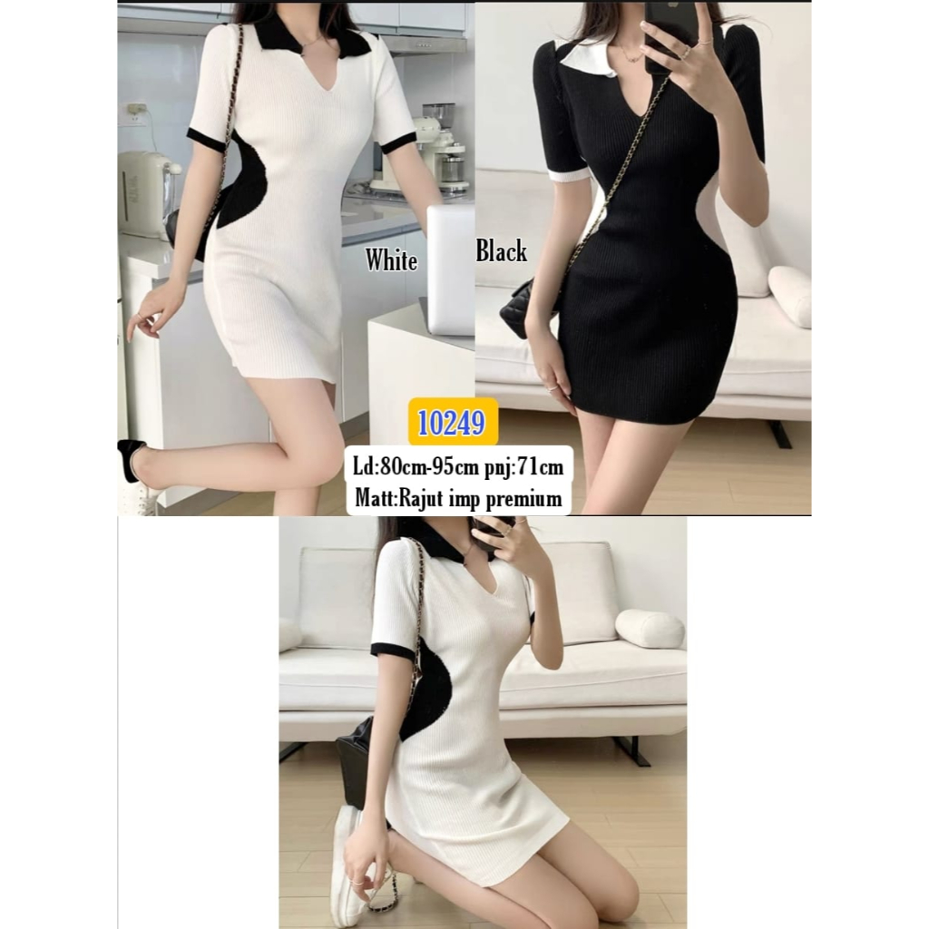 Dress Tangan  Pendek Kombi Warna Polos 10249/ Dres Korea Baju Wanita Rajut Import Midi Dres Terbaru
