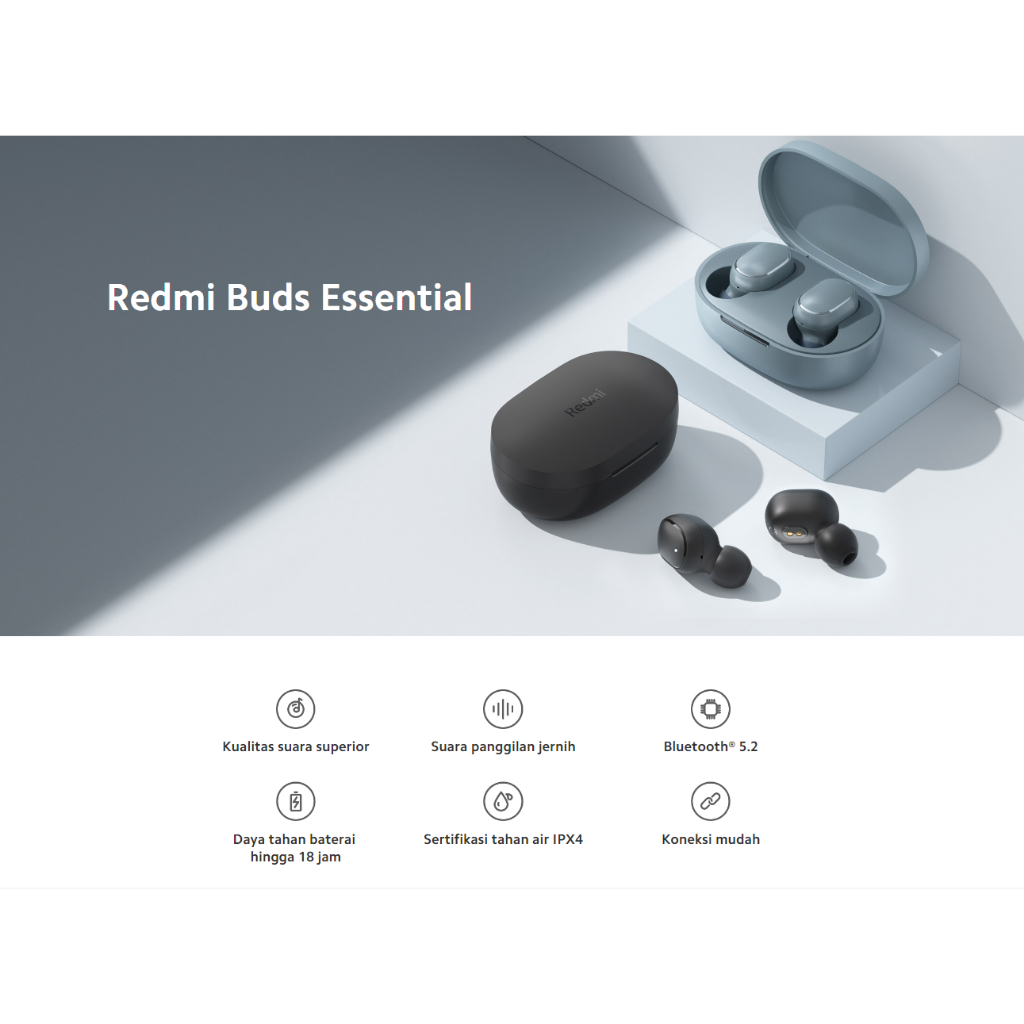 Xiaomi Redmi Buds Essential Bluetooth® 5.2 IPX4 Suara Superior Baterai Hingga 18 jam Koneksi Mudah