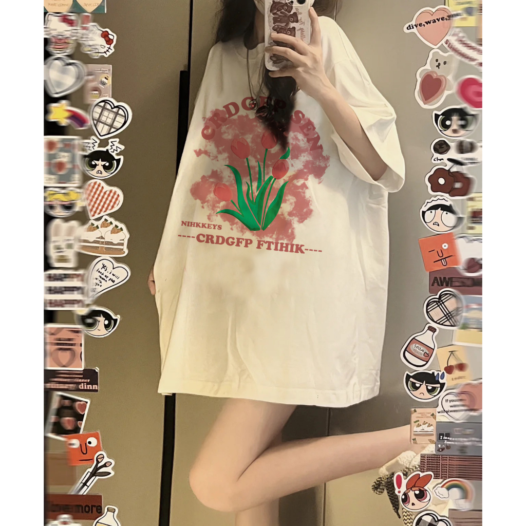 EUNII T-shirt Lengan Pendek Cartoon Pink Tulip Korean Style/Kaos Atasan Wanita/Baju Kaus Oversize Wanita/Kaos Wanita