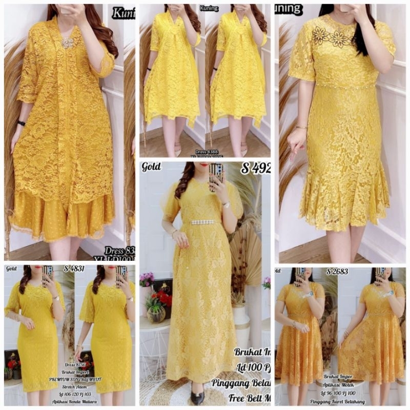 Dress Party Mutiara GOLD KUNING /OREN MEWAH (Ada 36 motif)