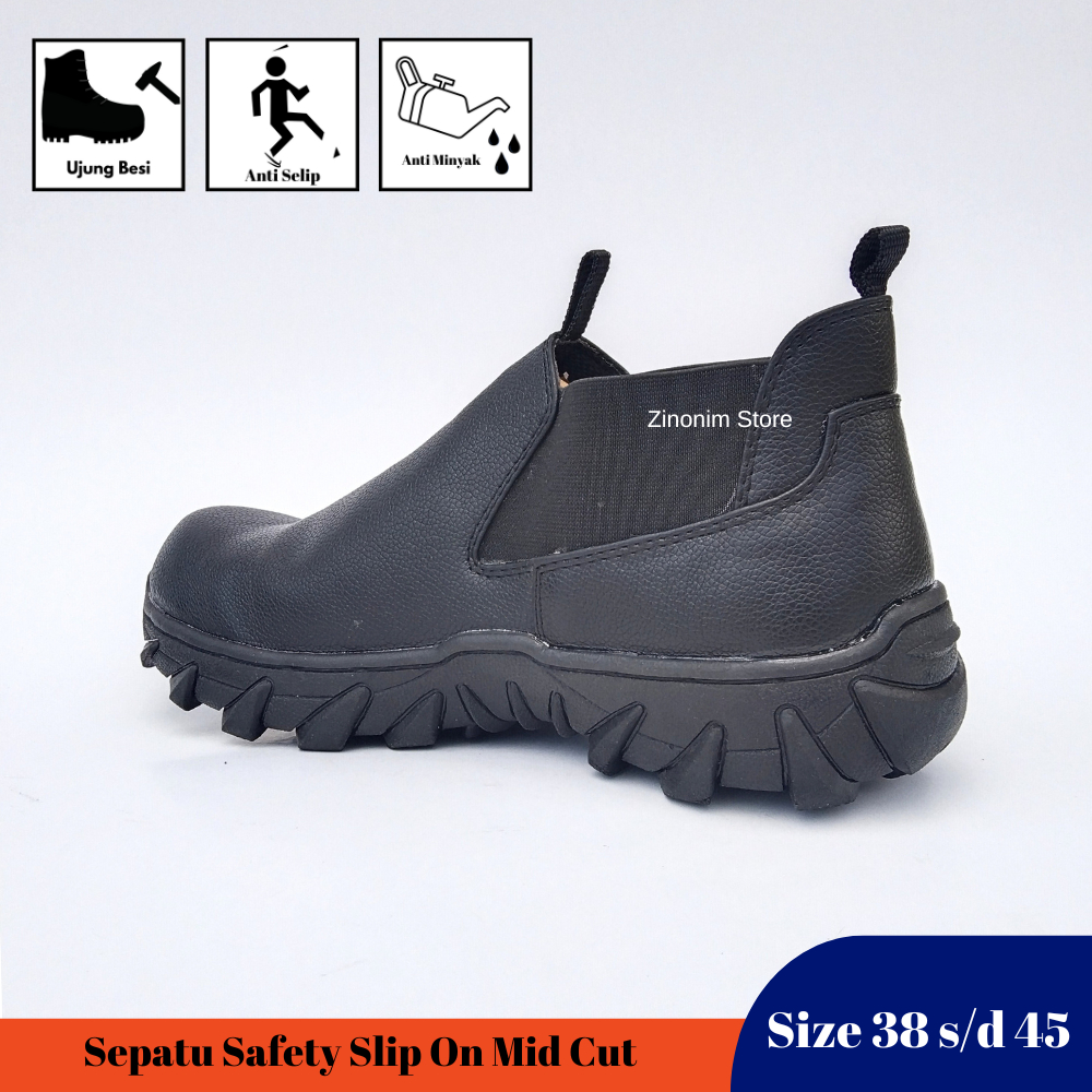 Sepatu Sefty Pria Ujung Besi Slip On Mid Cut Tanpa Tali Hitam Kerja Ukuran 38 39 40 41 42 43 44 45 Zinonim Store