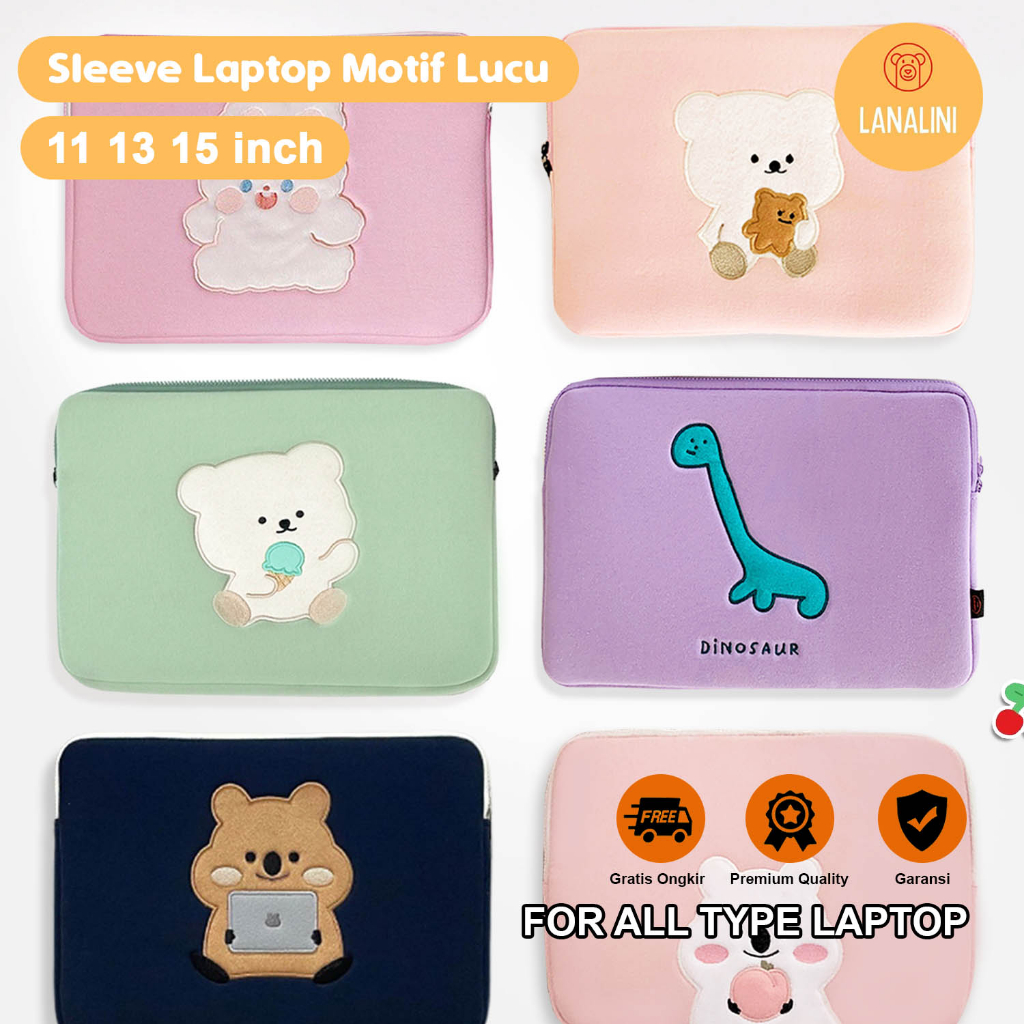 Sleeve Pouch Sarung Tas Pillow Bag Case Ipad Tab Tablet Macbook Air Pro Laptop Asus Acer Aspire Swift 3 Slim Chromebook Lenovo Dell HP Samsung Huawei 11 12 13 14 15 inch Motif Gambar Kartun Bear Dino Warna Green Pink Biru Ungu Cute Murah Korean Model