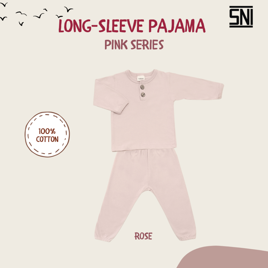 Hellomigu Long Sleeve Pajama Set/ Piyama Baju Tidur Setelan Bayi Perempuan Laki laki Anak Cewe Cowo Bayi Polos 0-6 6-12 Bulan Pink Series