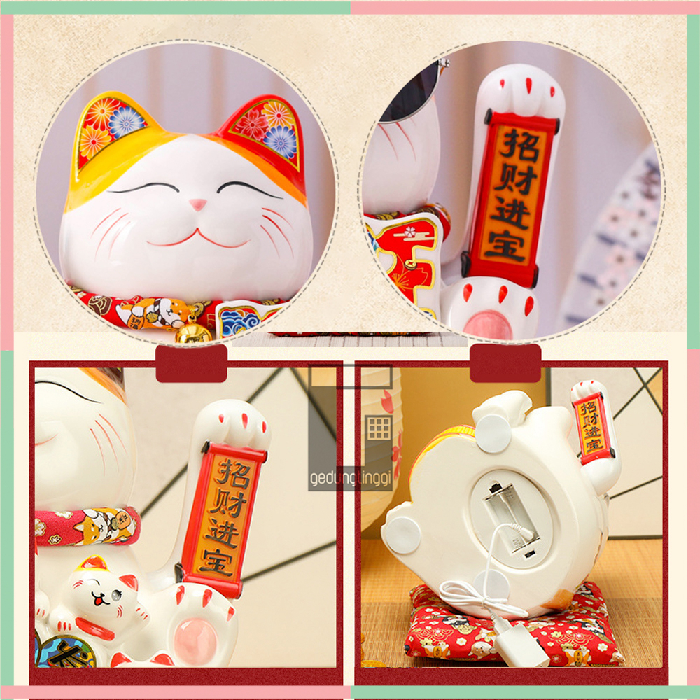 Pajangan Patung Hiasan Boneka Dekorasi Kucing Bawa Panggil Rejeki Rezeki Hoki Maneki Neko Maneko Neki ManekiNeko Lucky Cat Keberuntungan Keramik Baterai Batrai Batre Listrik Tangan Goyang Gerak Meja Etalase Toko Resto Cafe Cina China Jepang Merah Besar XL