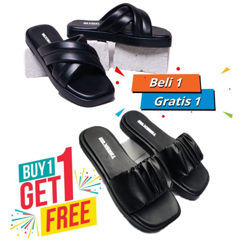 buy 1 get free 1 ( beli 1 gratis 1 ) sandal wanita slop silang maxskill desain simpel style Korea