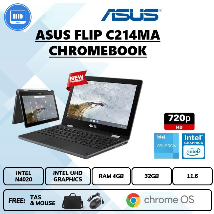 Laptop Asus ChromeBook c214ma bu0393 touch n4020 ram 4gb storage 32gb Chrome OS 11&quot;