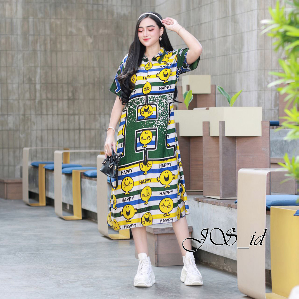 Daster Viral Happy Smile Korean Style Jumbo LD 120 Busui Risleting Depan Remaja Dewasa Ibu Muda Santai Rayon Premium