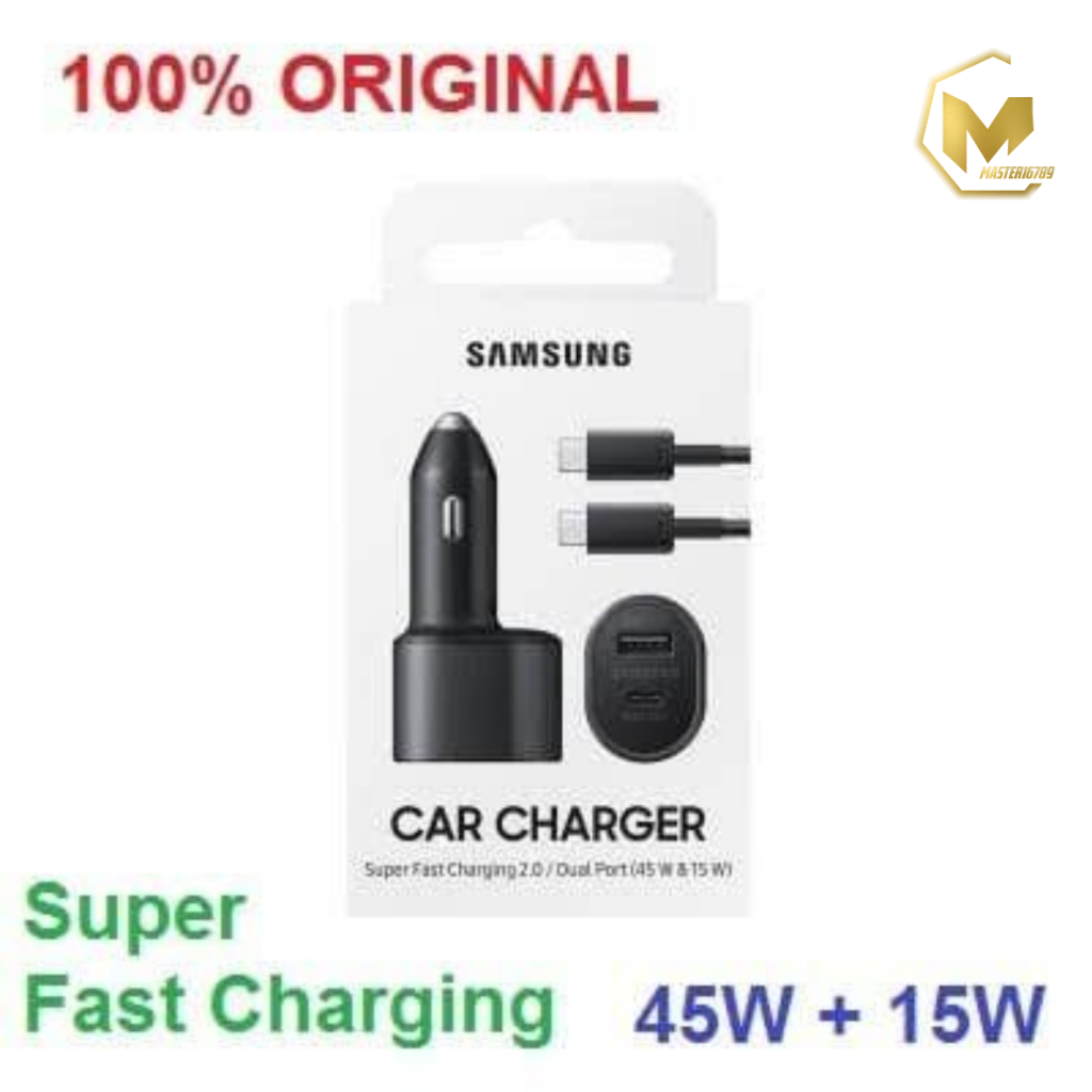 Saver Cashan mobil SAMSUNG 45W + 15W Super Fast Dual Car Charger 45W+15W Original100% pengisian daya super cepat dapat kabel c to c MA4808