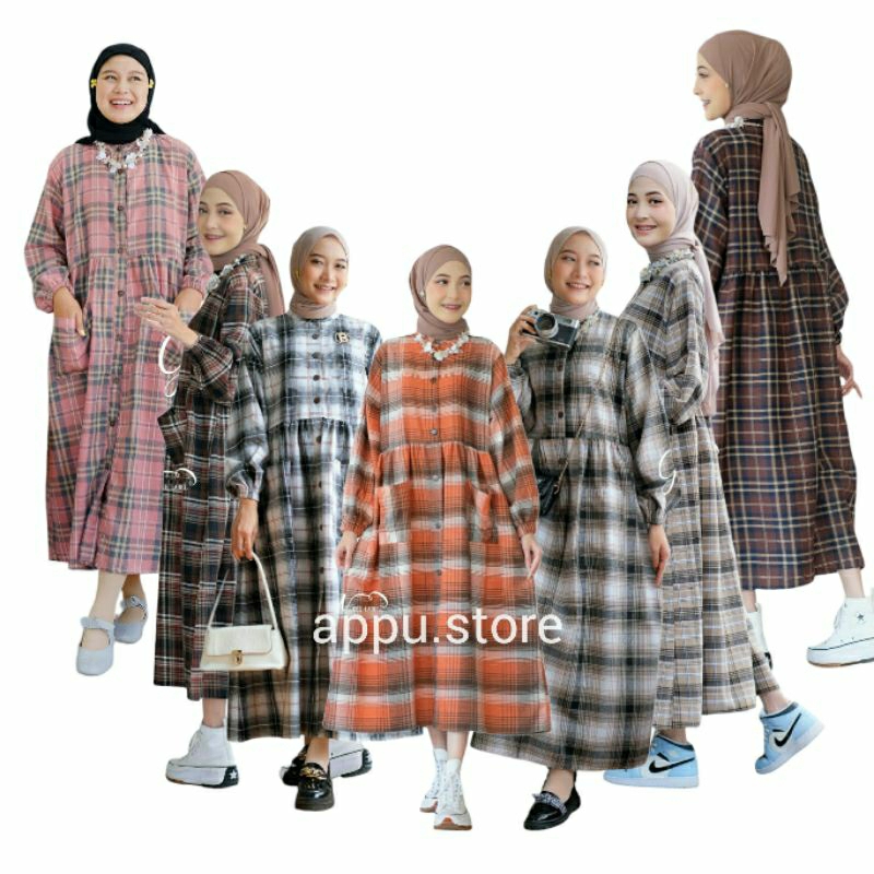 Hanum Midi Dress Wanita Kekinian Jumbo Flanel Premium Kotak LD 110 / Baju Gamis Terbaru 2024 OOTD Ko