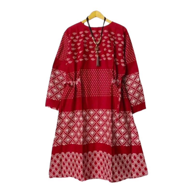 Tunik Batik Wanita Modern Lengan Panjang Warna Merah Bahan Katun Primisima Solo