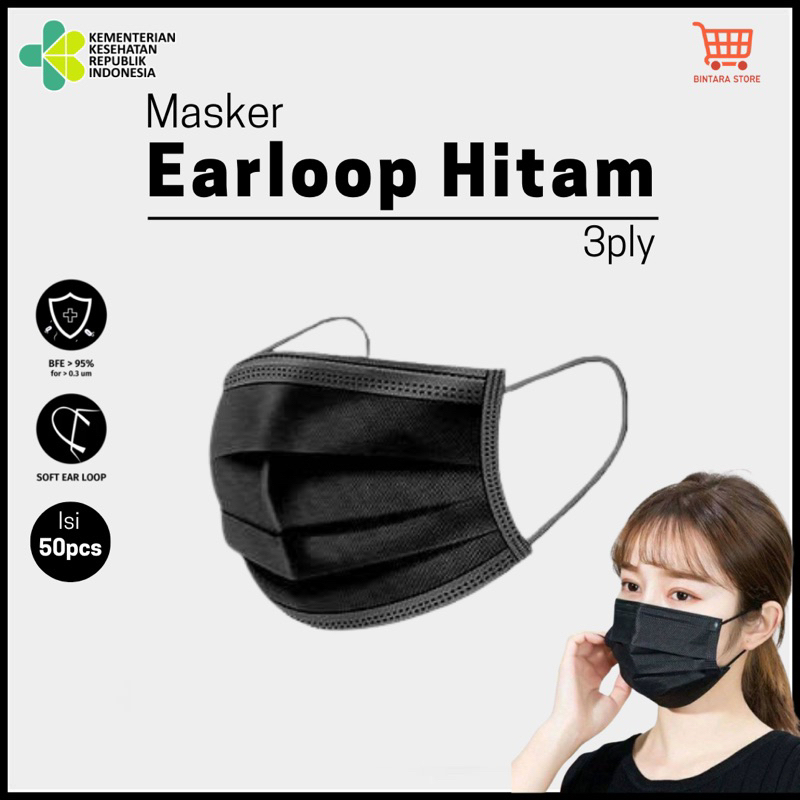 Masker Earloop 3Ply Hitam Isi 50pcs Black Edition Disposable