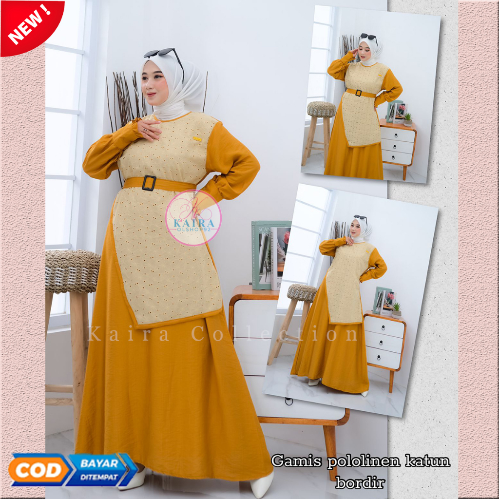 Dress ootd Muslimah Gamis Polo Linen Premium Mix Katun Brukat Terbaru Non Busui kode 02