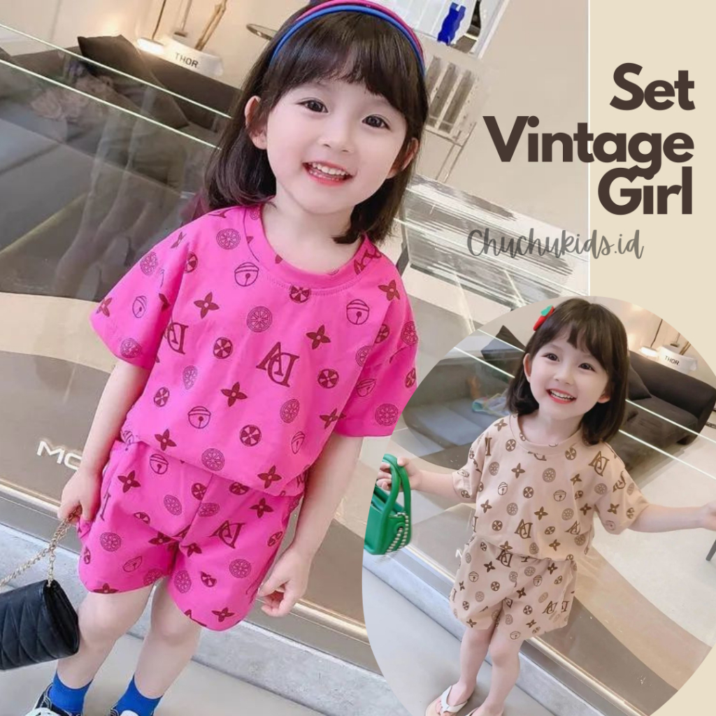 Setelan Anak Perempuan Pink Fuschia dan Cream motif VINTAGE Set girl vintage one set baju anak perempuan kaos anak 1 -5  tahun