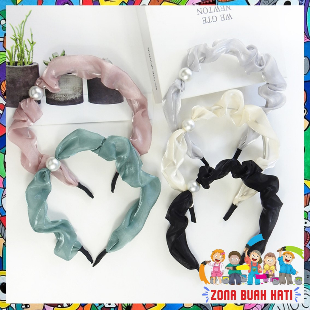 ZBH Bando Mutiara Kerut Bahan Satin Fashion Bando Scrunchie Kerut Korea Headband Ruffle Bandana Murah Import