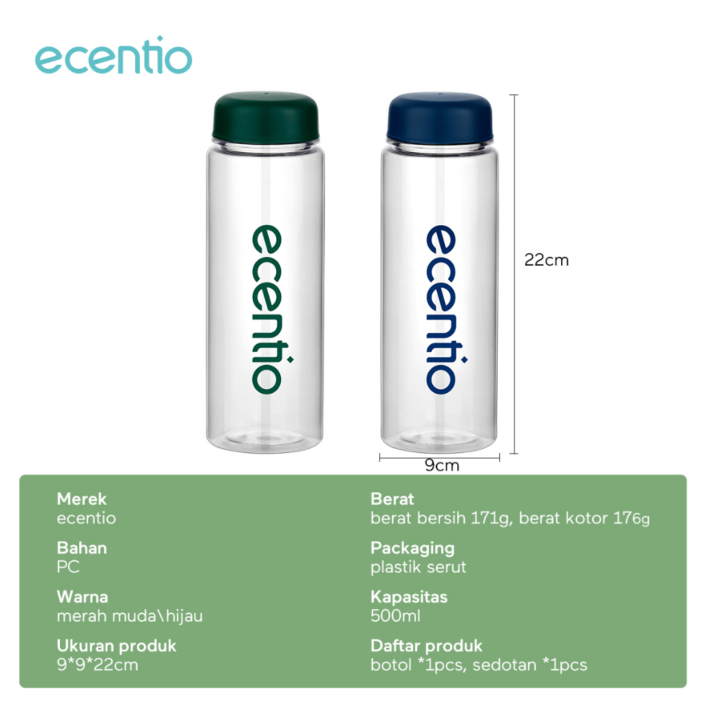 ecentio botol minum 500ml sport botol portabel  warna Biru muda tempat minum sport bening BPA free Water Bottles