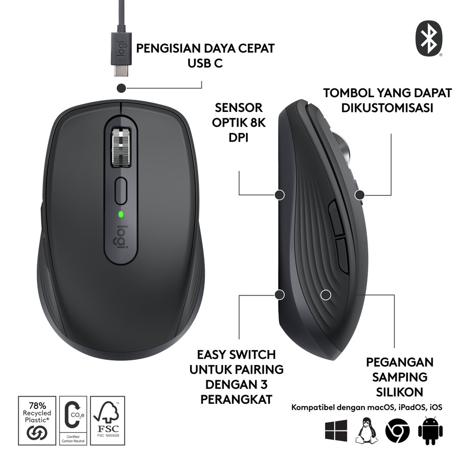 Logitech Mouse MX Anywhere 3S Silent Rechargeable Bluetooth Wireless