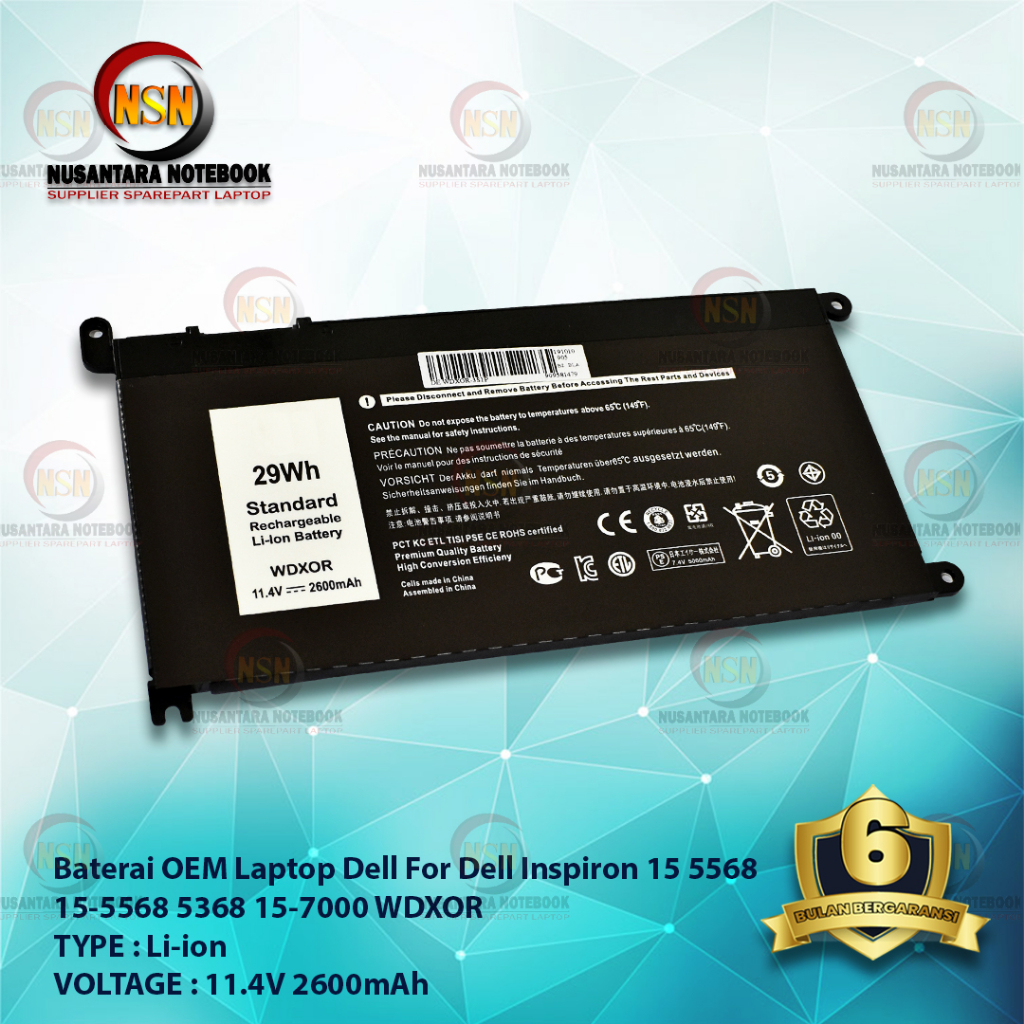 Baterai Dell OEM Inspiron WDXOR WDX0R 15 5568 15-5568 13-368 5368 11.4V 2600mAh