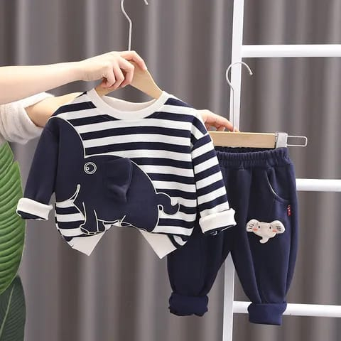 Setelan premium lengan panjang anak lakilaki lucu Motif Strip Gajah usia 6 bulan - 5 tahun