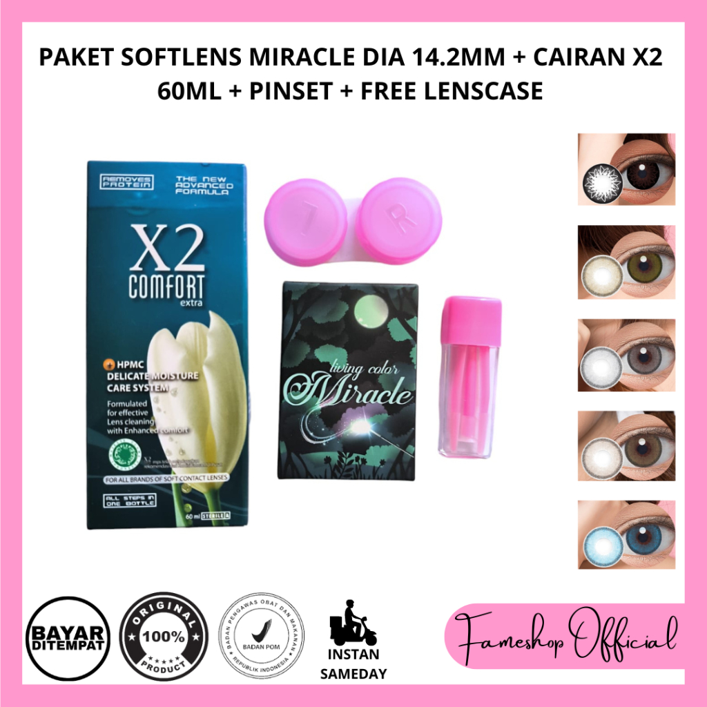 PAKET SOFTLENS LIVING COLOR MIRACLE 14.2MM + CAIRAN X2 60ML + PINSET + FREE LENCASE