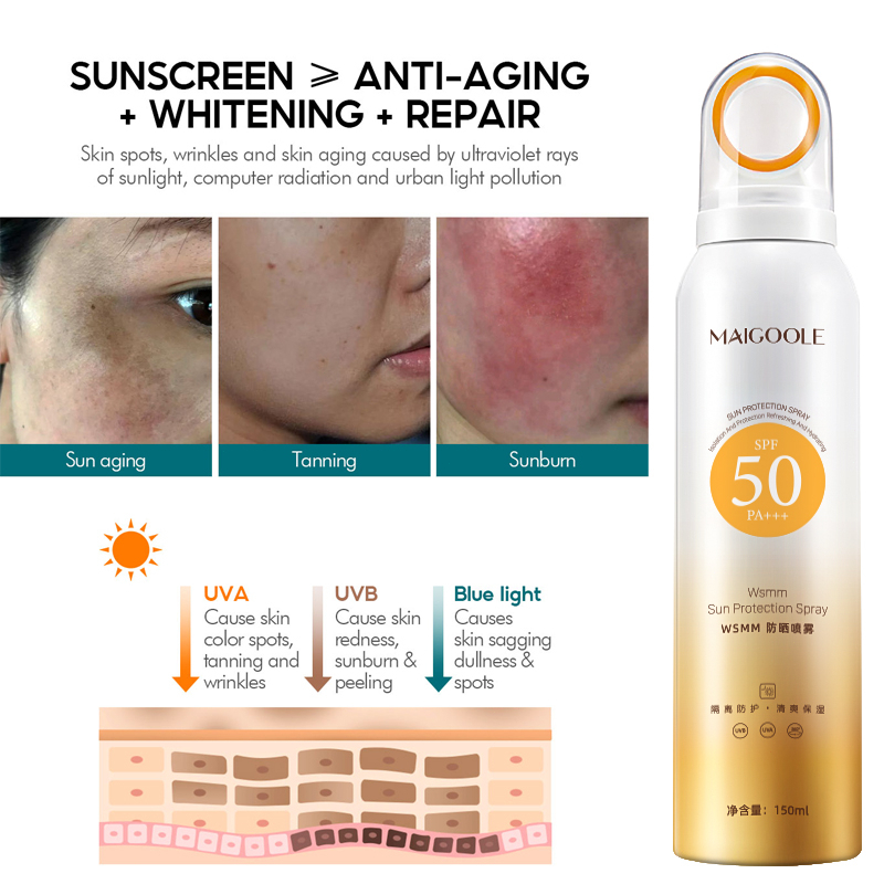 Sunscreen spray Sunblock Sunscreen Sunscreen Mist spf 50 pa +++ Sun screen 130ML Semprotan tabir surya pelembab/pemutih kulit Tabir surya anti-UV untuk wajah/tubuh/Anti air dan keringat OIR 100%